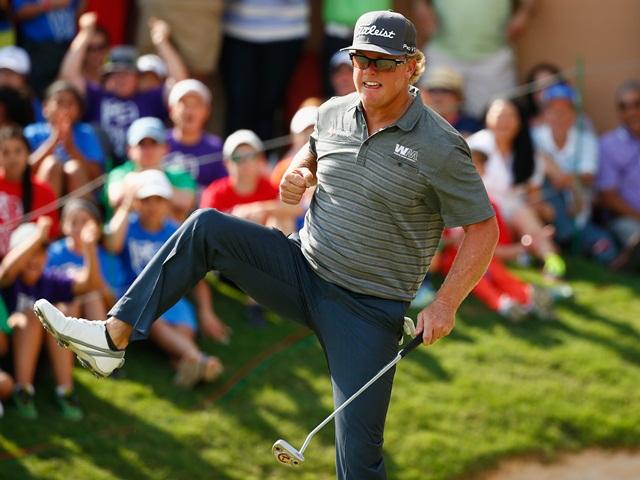 Charley Hoffman reacts to holing his birdie putt on 18 yesterday